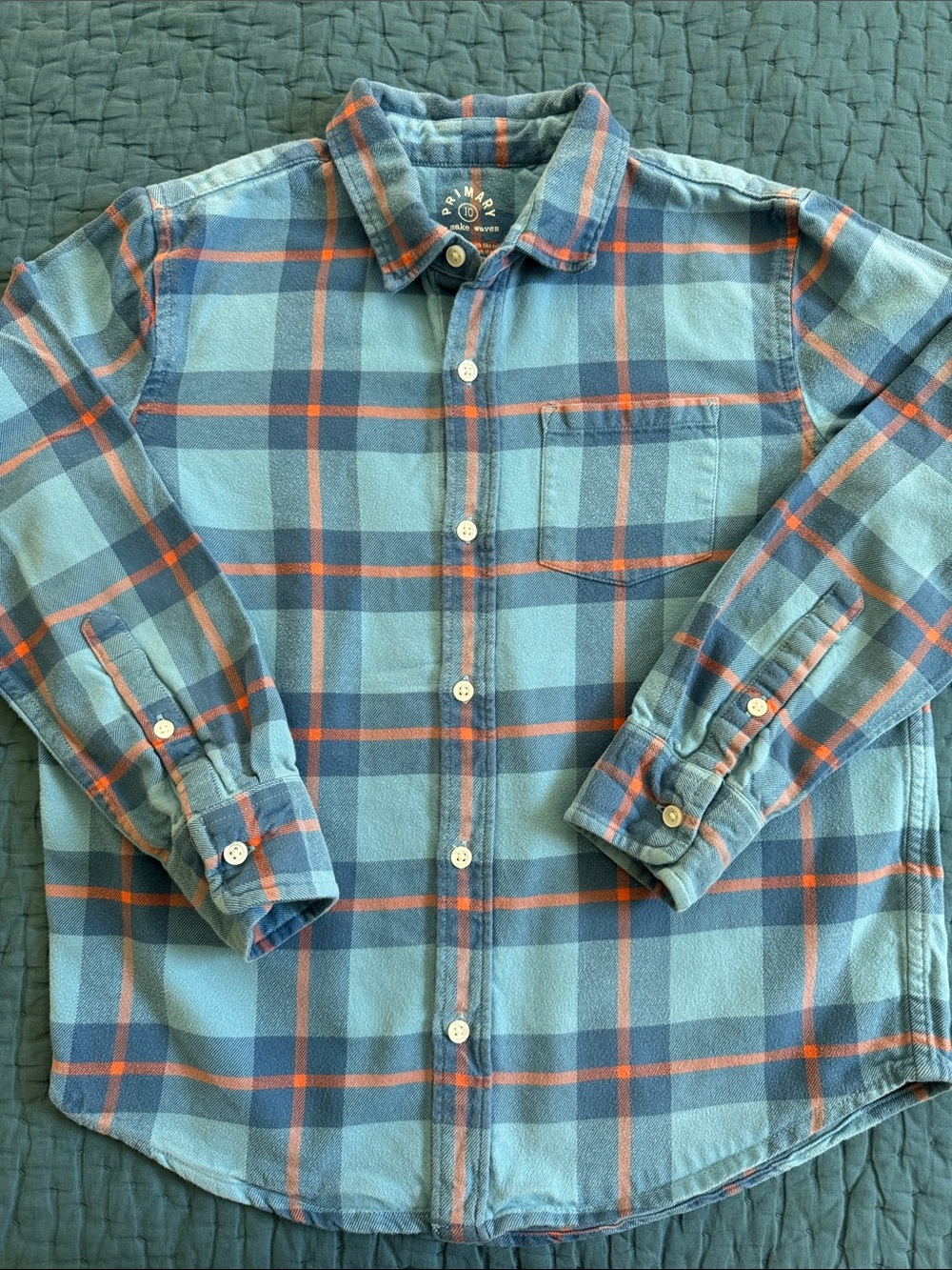 Primary Kid’s Size 10 Blue Plaid Flannel Button-Up Shirt with Orange Accent